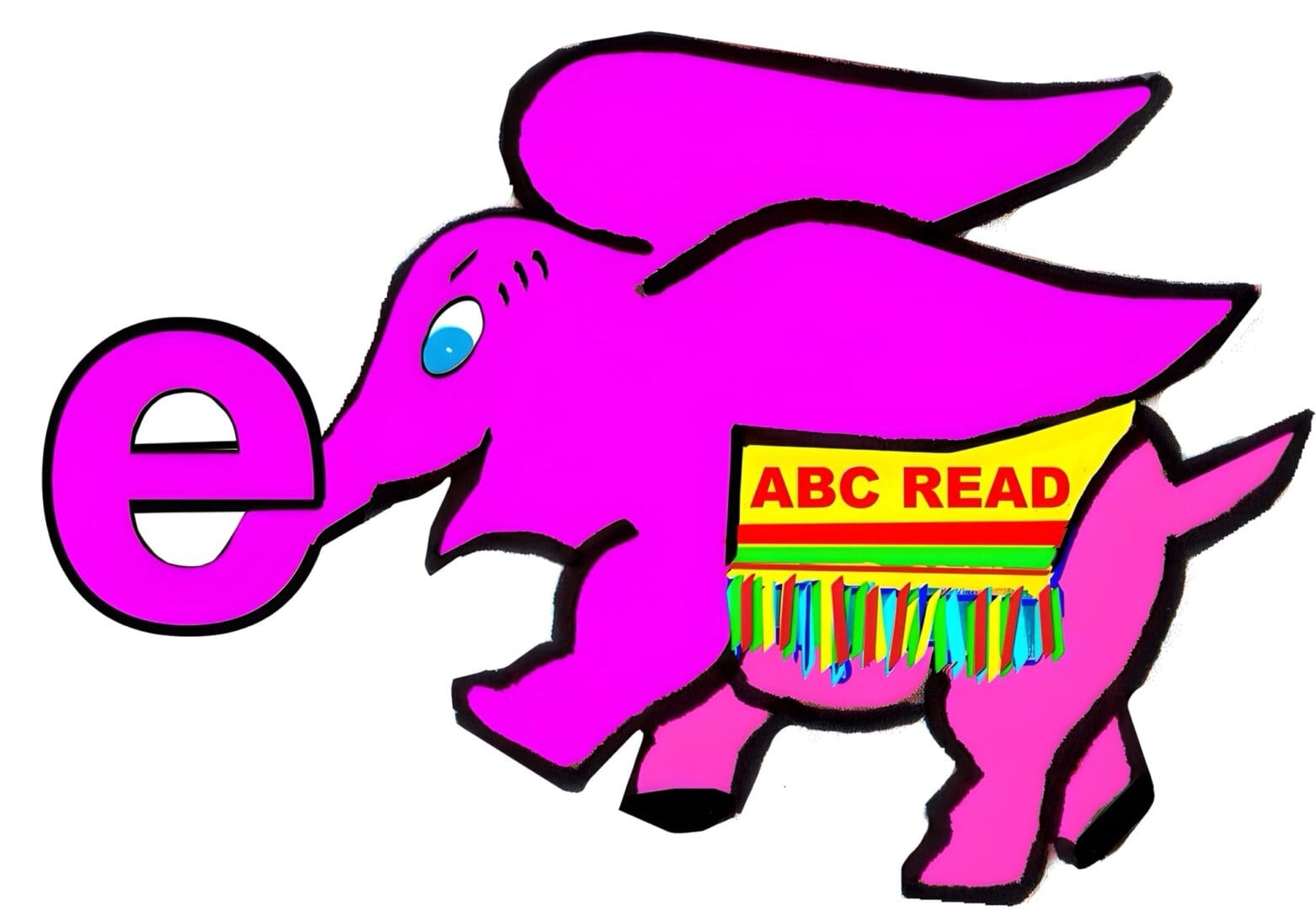 A pink elephant with the words " abc read " on its back.