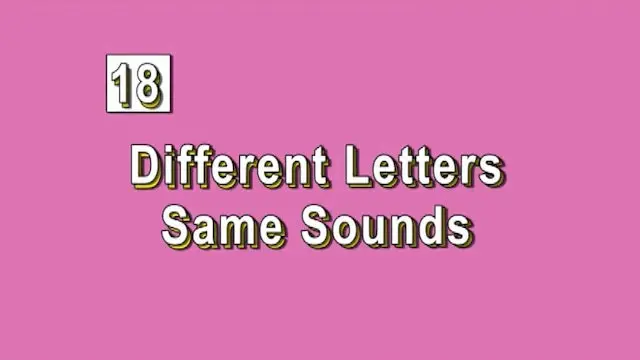 A pink background with the words 8 different letters same sounds.