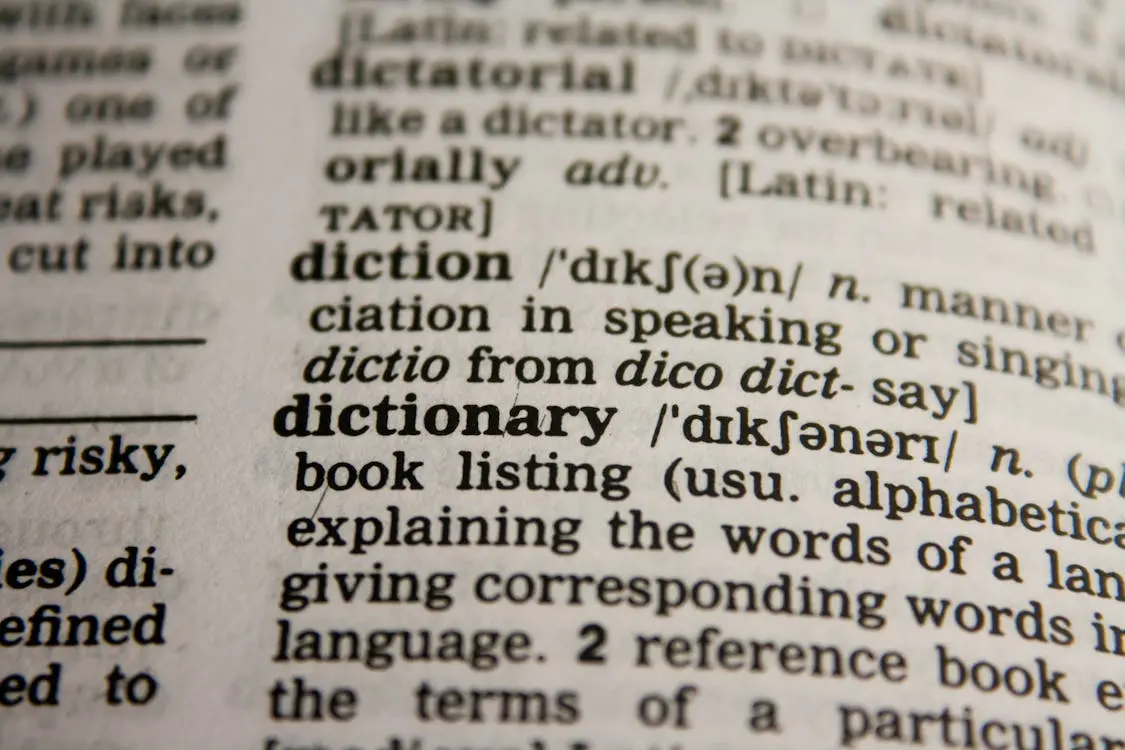 A close up of the word dictionary in a foreign language.