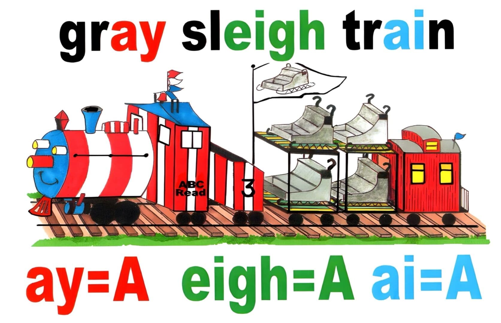 A train is shown with the words " gray sleigh trains " written on it.