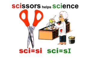 A cartoon of a person with scissors and a pair of scissors.