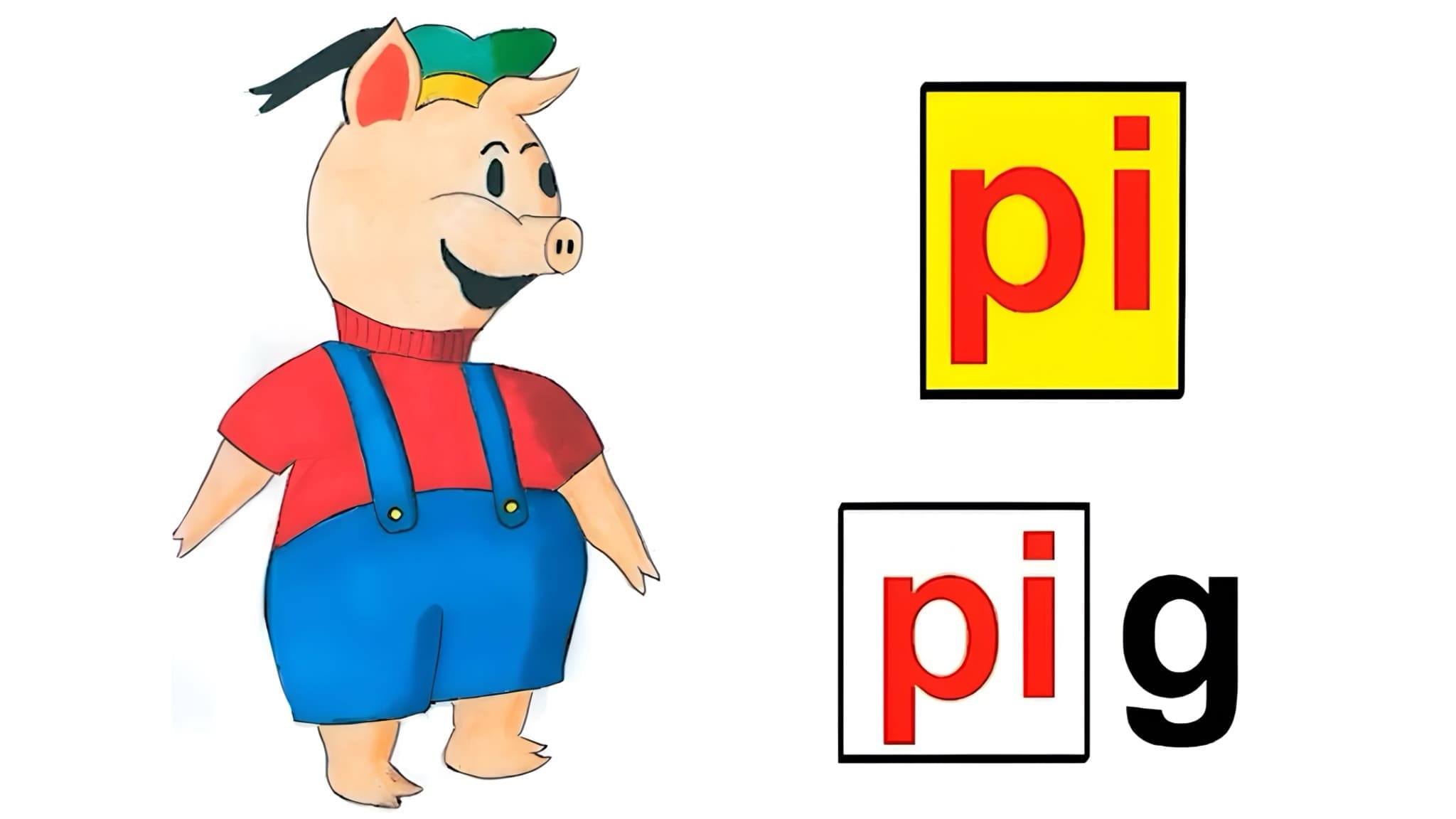 A pig is standing next to the word pi.