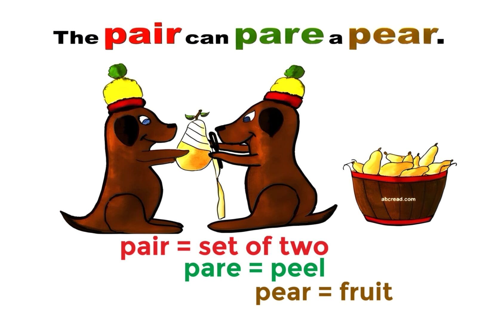 Two brown dogs wearing hats and one has a pear in its mouth.